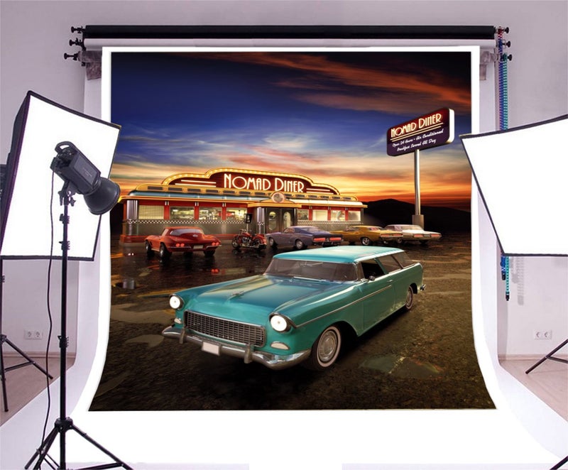 Yeele 8x8ft Retro Nostalgia 50S 60S Backdrop Vintage Eatery Dinner Motorcycle Car Party Banner Photography Background Girl Boy Adult Portrait Photo Booth Shooting Photocall Studio Props Y2BK06024 - Image 3